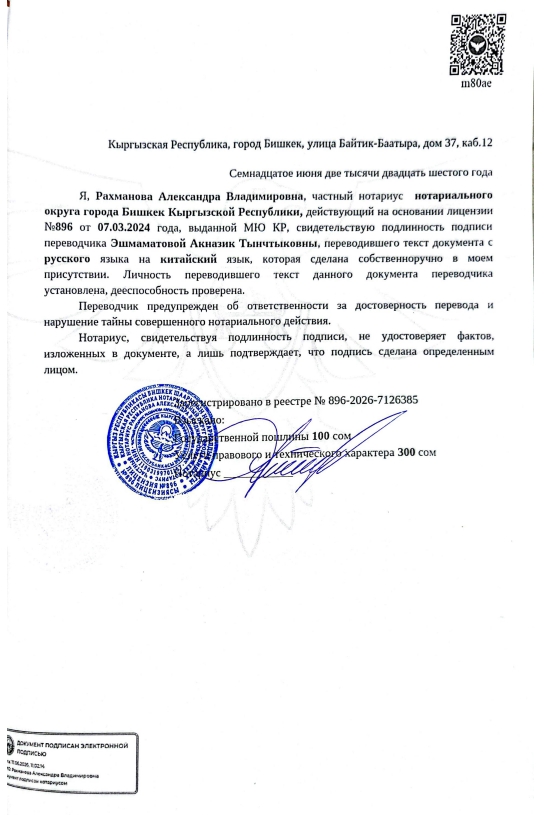 Кыргызская лицензия « Шаньдунская электроэнергетическая компания с ограниченной ответственностью»